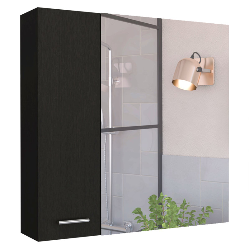 Pharmacie, miroir, porte double, quatre tablettes intérieures, Noir mat