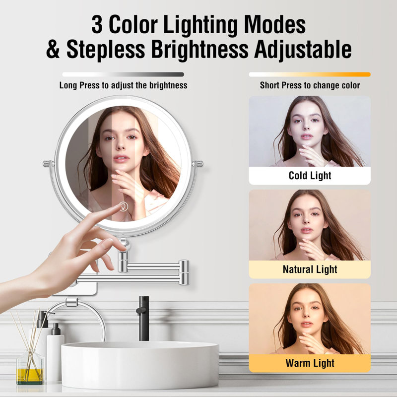 360° Rotation Adjustable 10X Large Wall Mounted Makeup Mirrror, Height Adjustable Lighted Mirror, 8" Double Sided Mirror, 1X/10X Magnifying Bathroom Mirror, Detachable Ring, 3 Color Lights