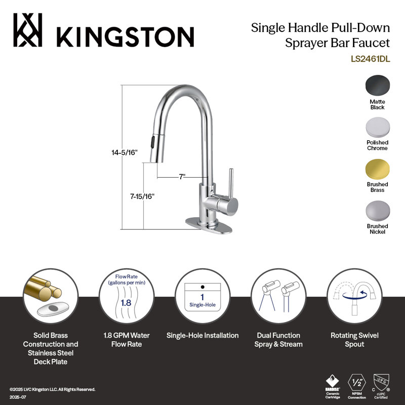 Robinet de bar 1 trou à fixation sur le comptoir avec douchette rétractable Kingston Brass Concord, Laiton brossé