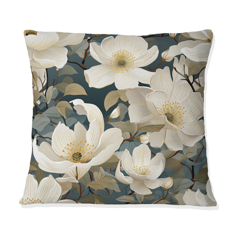 Coussin décoratif à imprimé floral blanc et vert, H 16 po x l 16 po