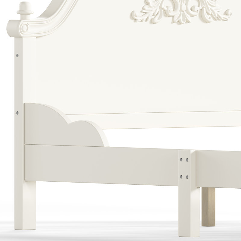 Lit standard bas en bois massif avec tête de lit sculptée de style vintage, Lit double, Beige