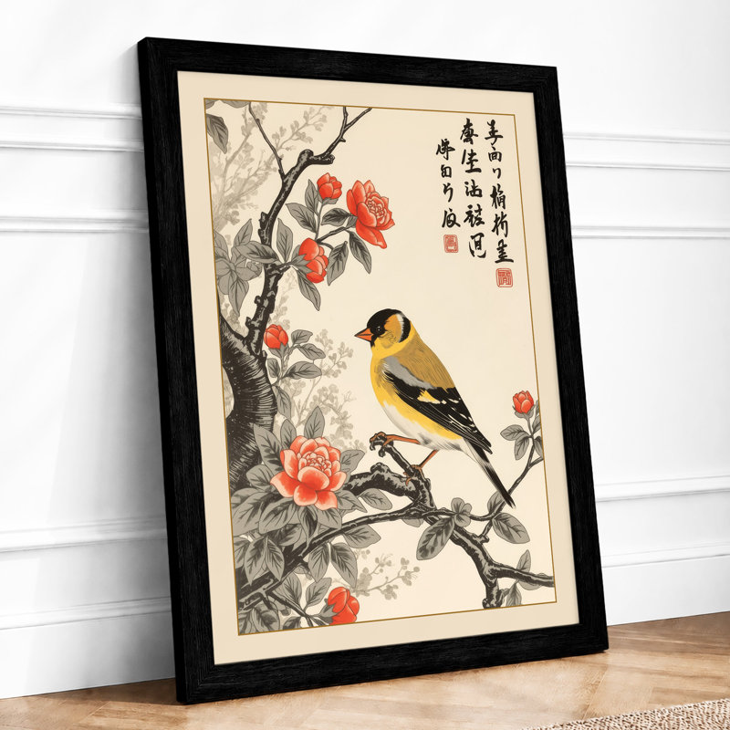 Bird Among Peonies Japandi - Framed Print, A2 - 59.4 x 42.0 cm, Black