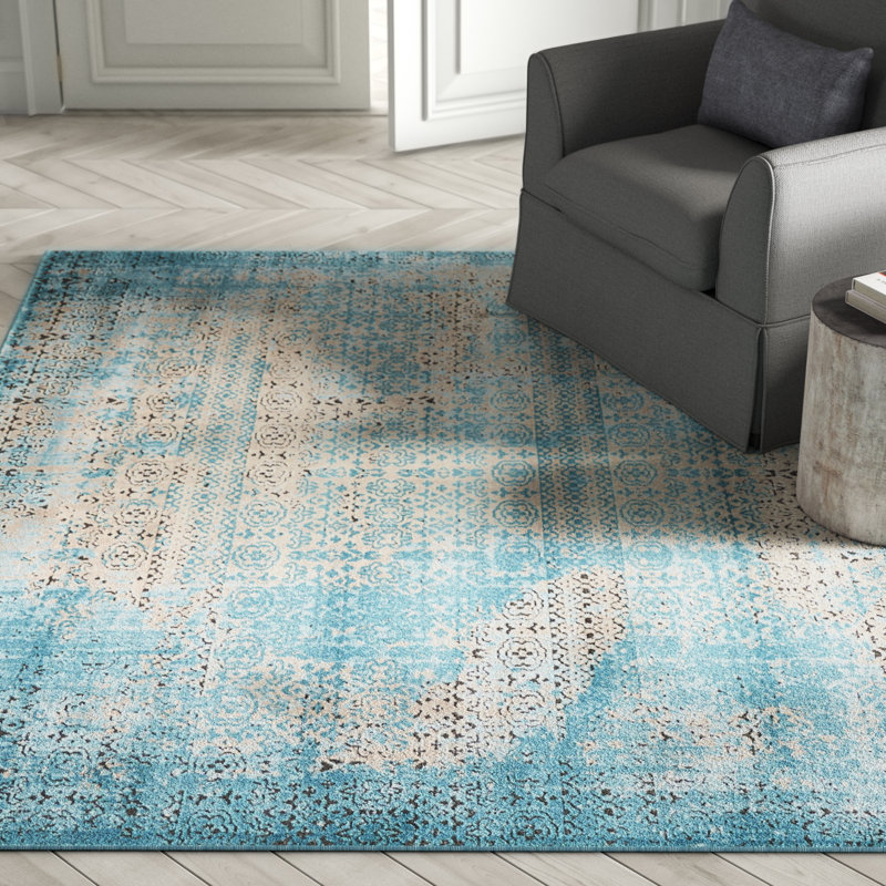 Tapis bleu / beige Saliba, Rectangle 6 pi 7 po x 9 pi 6 po
