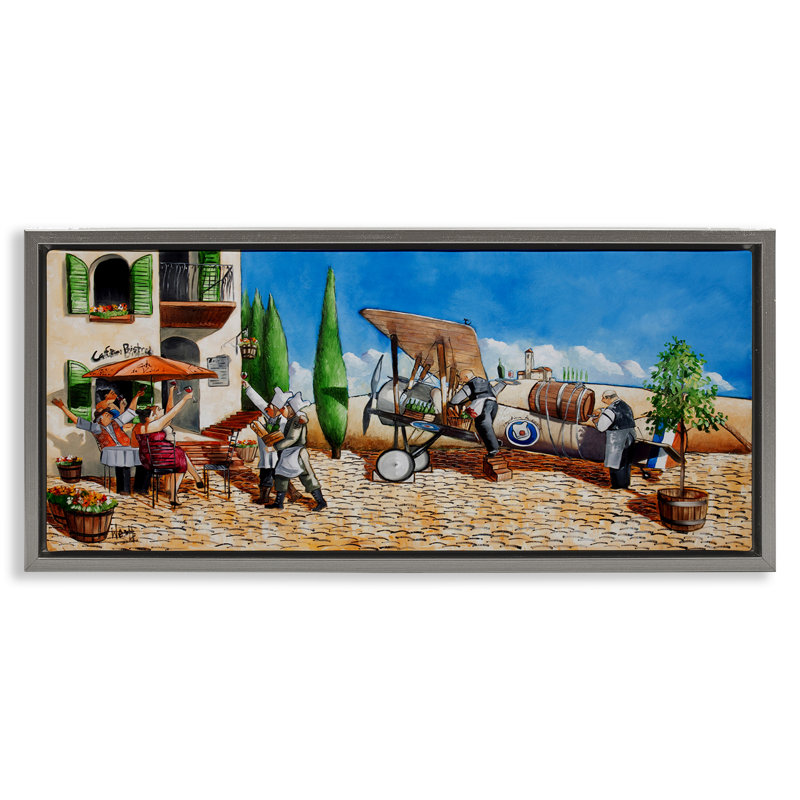 Art mural sur toile "Café et avion" par Ronald West, Cadre flottant gris lustré, H 14 po x l 31 po