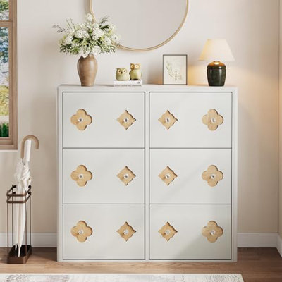 Shoe Cabinet with Flip Drawers, Slim Freestanding Shoe Rack Cabinet, Flower Pattern & Diamond-Shaped Handles