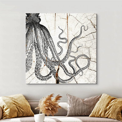 Nautical Animals Animals Wood Effect Octopus Nautical Animal Marine Life Pictures Wrapped Canvas Graphic Print Wall Art