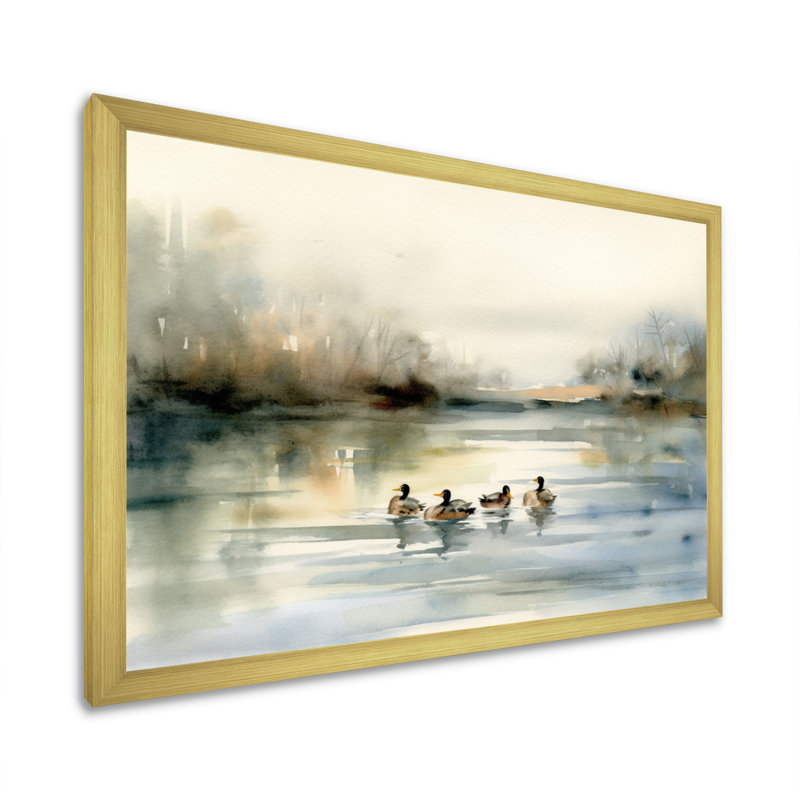 «Ducks in Pond II», art mural sur toile, Cadre doré, H 34 po x l 44 po x P 1,5 po