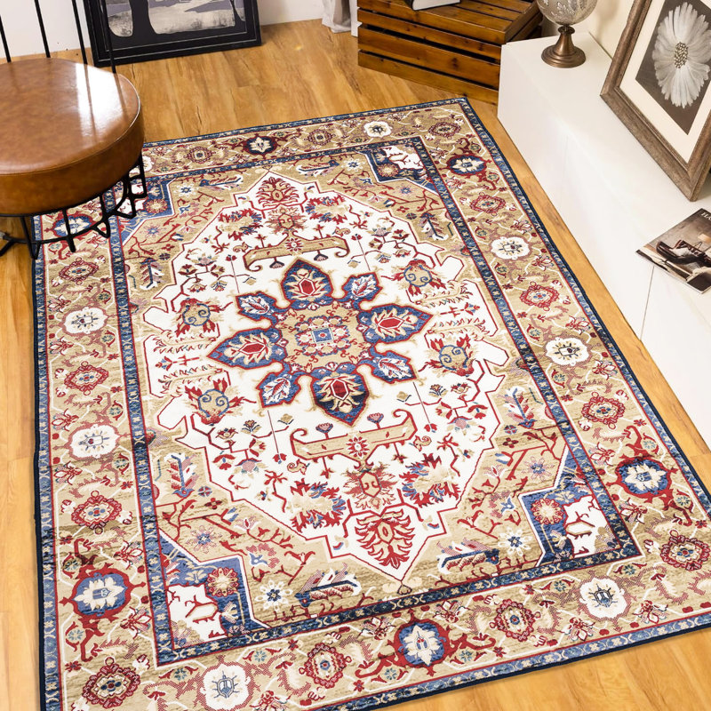 Large Area Rug 8x10, Vintage Bohemian Theme, Washable Non-slip For Living Room, Blue/gold Rug, Material Style, Home Decor, Flower Pattern, Floor