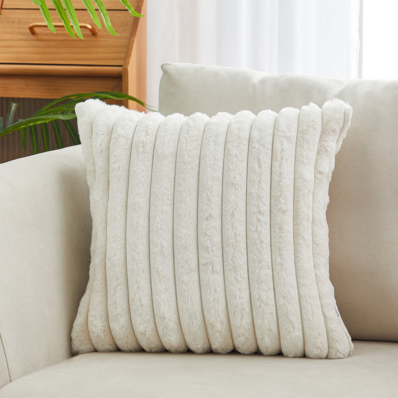 Faux Fur Lines Striped Faux Fur Reversible Throw Pillow, White, 20" x 20"
