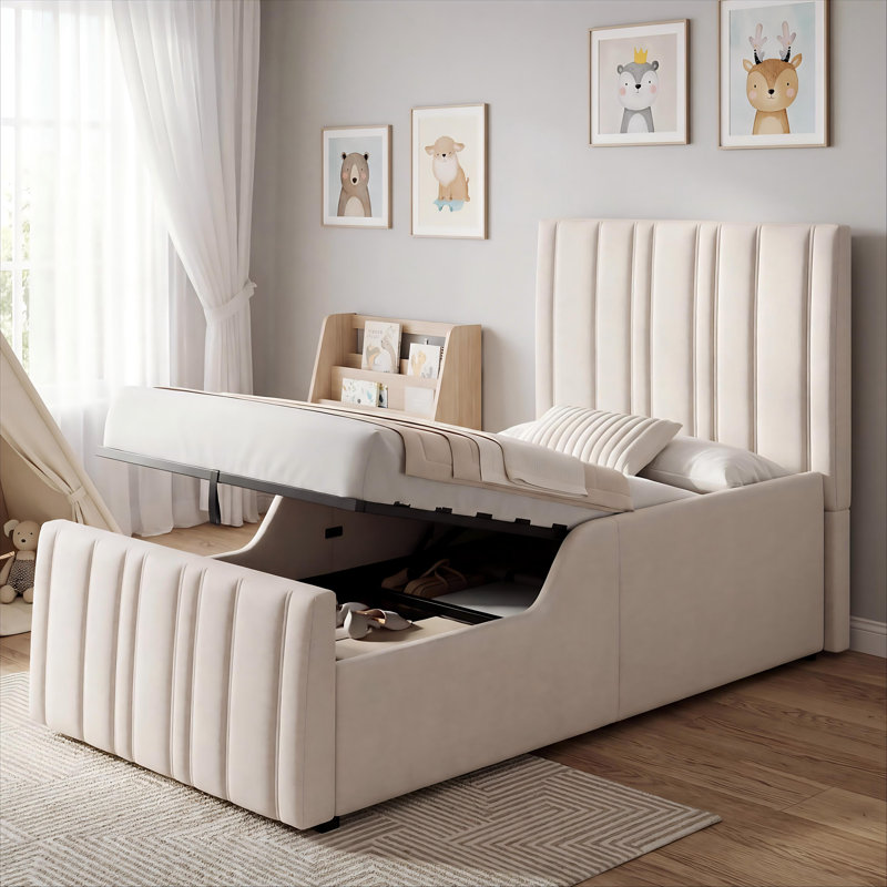 Upholstered Ottoman Storage Bed, Beige