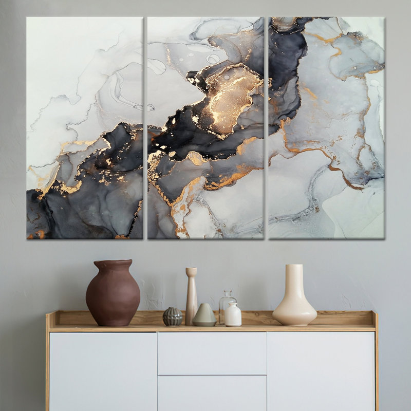 Élégante œuvre d'art sur toile marbrée noire et dorée - Luxe moderne, toile tendue 3P, H: 27,6 po x l: 59,1 po