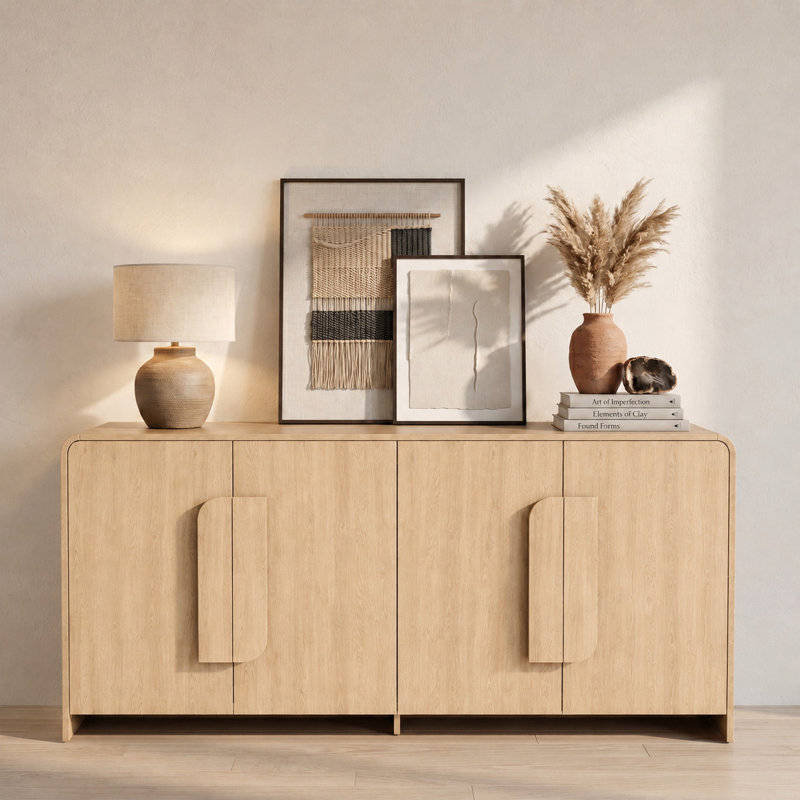 Modern 64'' Curved Sideboard Buffet with Rounded Edges and Adjustable Shelves, 4-Door Large Wooden Credenza Storage Cabinet, Media Console Table