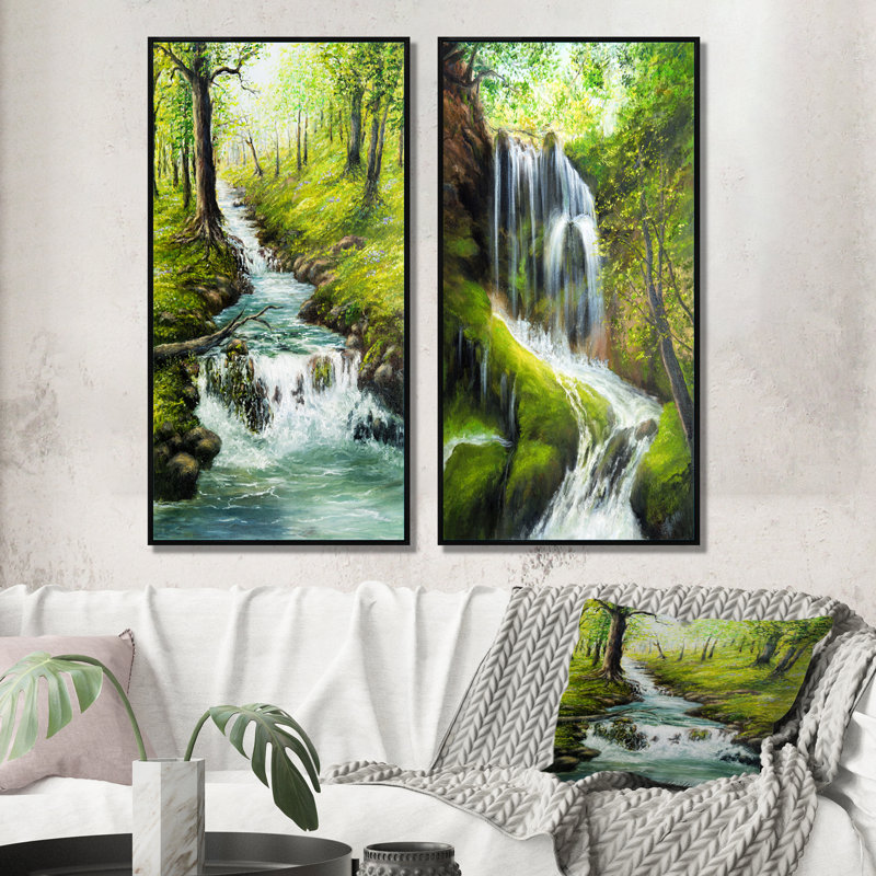 «Spring River Fall in Green Forest», ensemble de 2 peintures sur toiles, H 40 po x l 40 po x P 1 po, Cadre flottant noir