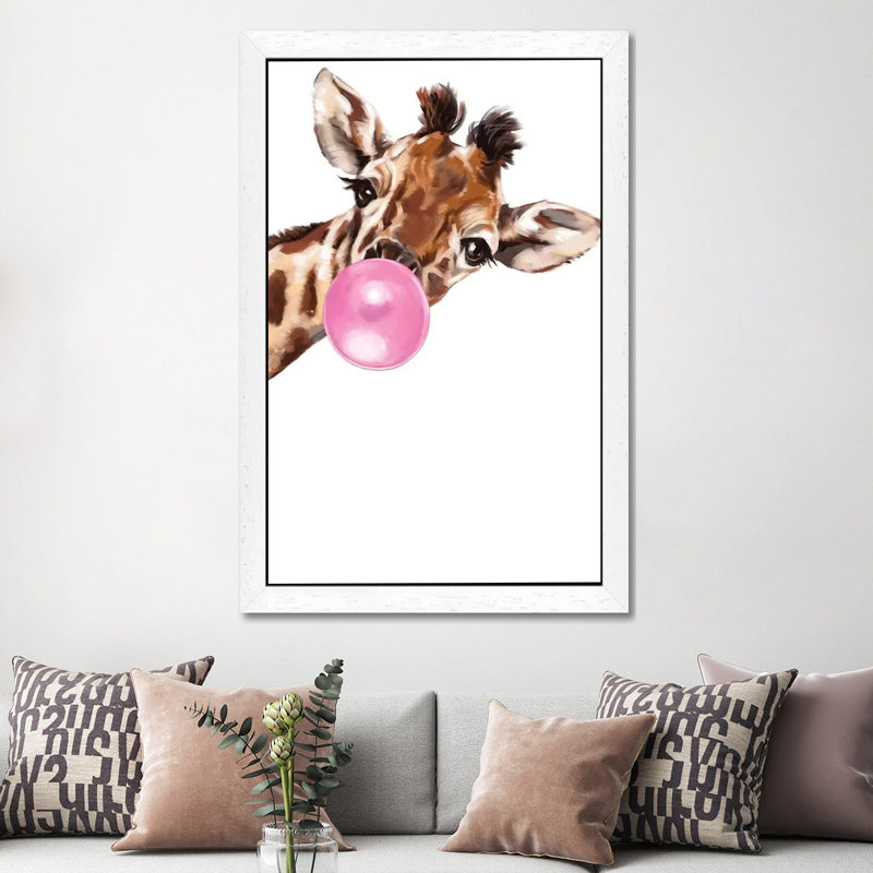 Sneaky Giraffe Blowing Bubble Gum by Big Nose Work - Print on Canvas, 152.5 cm H x 101.5 cm W, White Framed
