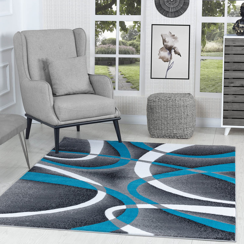 Ivy Bronx 5x7 Turquoise Swirls Area Rug - Modern Carpet for Bedroom, Living Room, or Dining Room