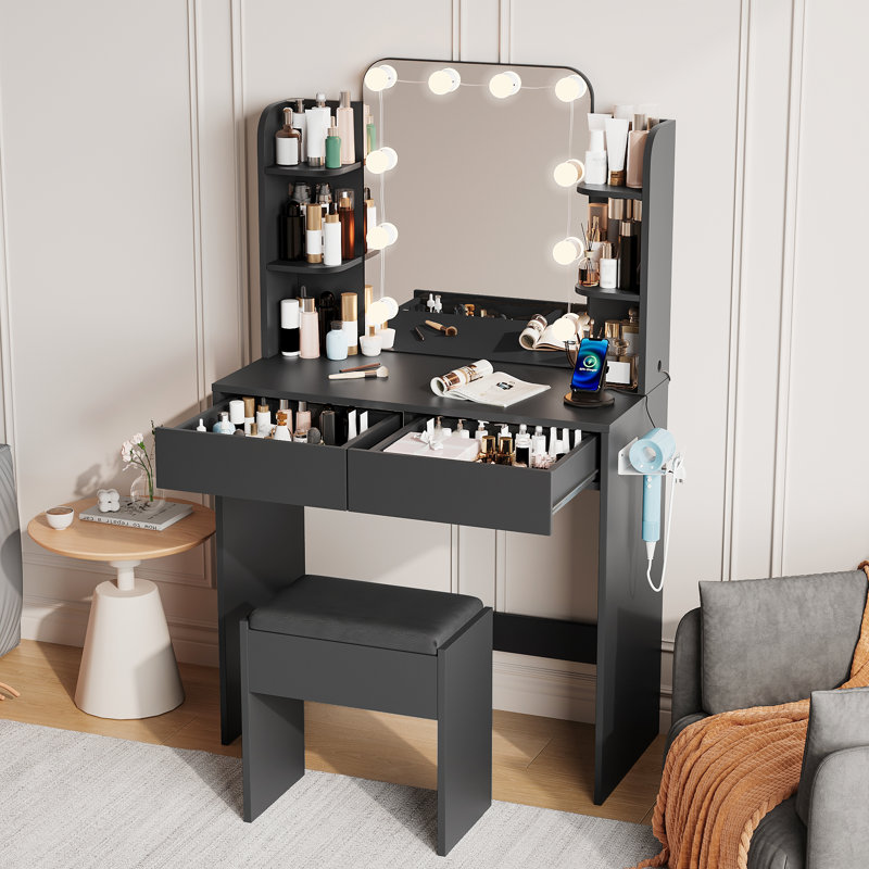 Coiffeuse de maquillage avec miroir lumineux à DEL et prise de courant, bureau de coiffeuse avec 2 tiroirs, 4 tablettes ouvertes et support pour sèche-cheveux pour la chambre à coucher