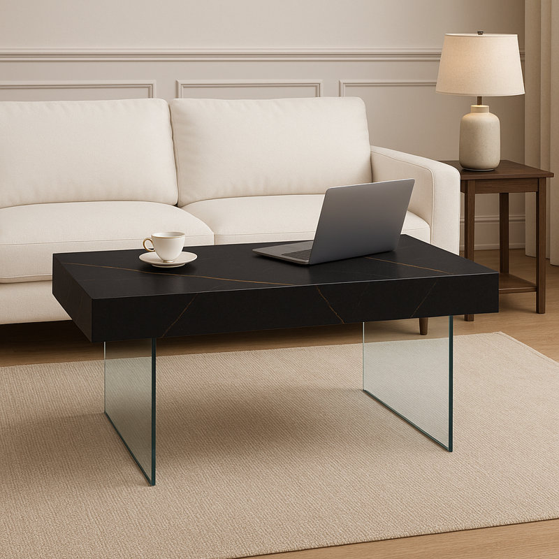 Table basse rectangulaire en placage de granit Eclipse avec pieds en verre trempé - l 43 po x P 26 po, Black