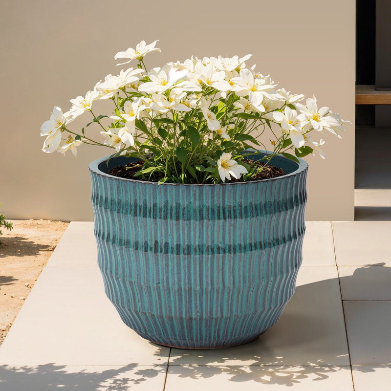 14.2'' Dia Coastal Blue Ceramic Plant Pot, Decorative Round Planter with Drainage Hole