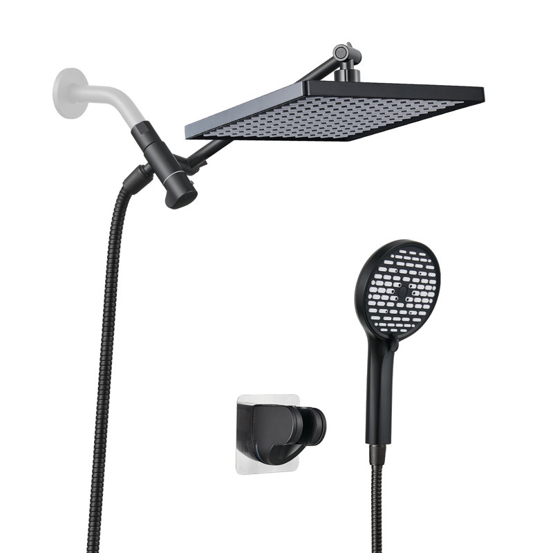 12" Rectangular Rainfall Shower Head and 6-Spray Handheld Shower Combo with 59-inch Hose Wall Mount Matte Black, Matte Black