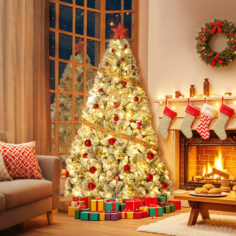 Arbre de Noël artificiel enneigé 4,5 pi / 6 pi / 7,5 pi / 9 pi avec lumières DEL blanc chaud, branches en PVC articulées et base en métal pliable