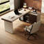 Bureau de direction en L crème avec dessus en similicuir et armoire de rangement gauche-1269547803-1269547808