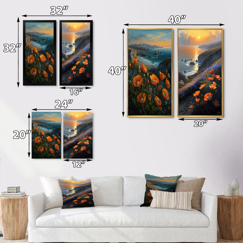 «Orange Flowers By The Coast», 2 pièces sur toile, Cadre blanc, H 32 po x l 32 po