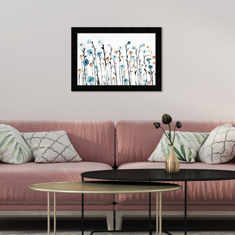 Fleurs bleues pastel bleues - peinture encadrée, Cadre noir, H 12 po x l 17 po