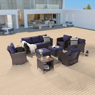 Birdene 8 Piece Wicker Conversation Set with Cushions and Rocking Swivel Chairs