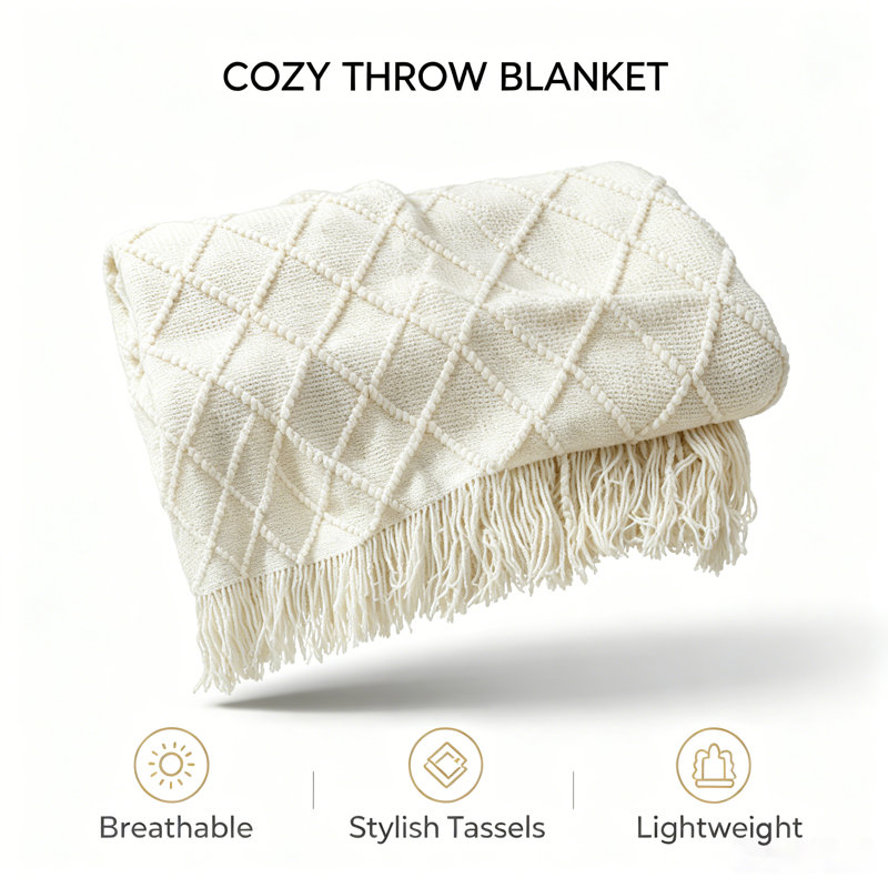Acrylic Tassel Throw Blanket., White, 152 x 203cm