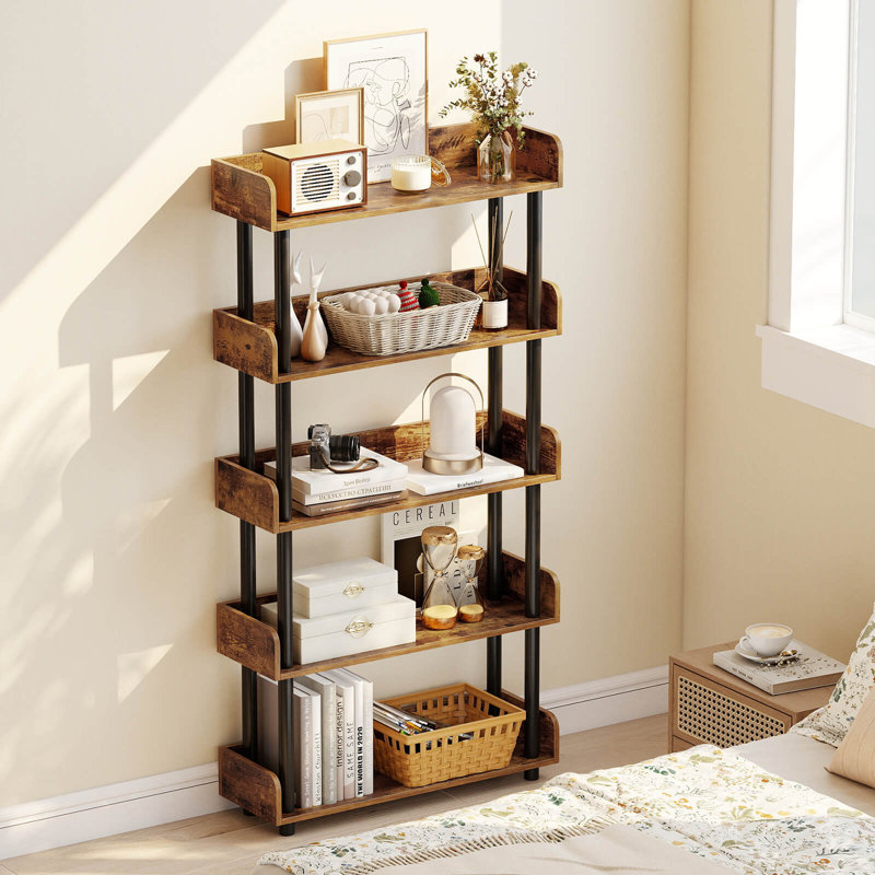1 PCS 5-Tier Bookshelf, Open Bookcase with Anti-Tipping Kit, Storage Unit for Living Room Rustic Brown & Black, Brown/Black