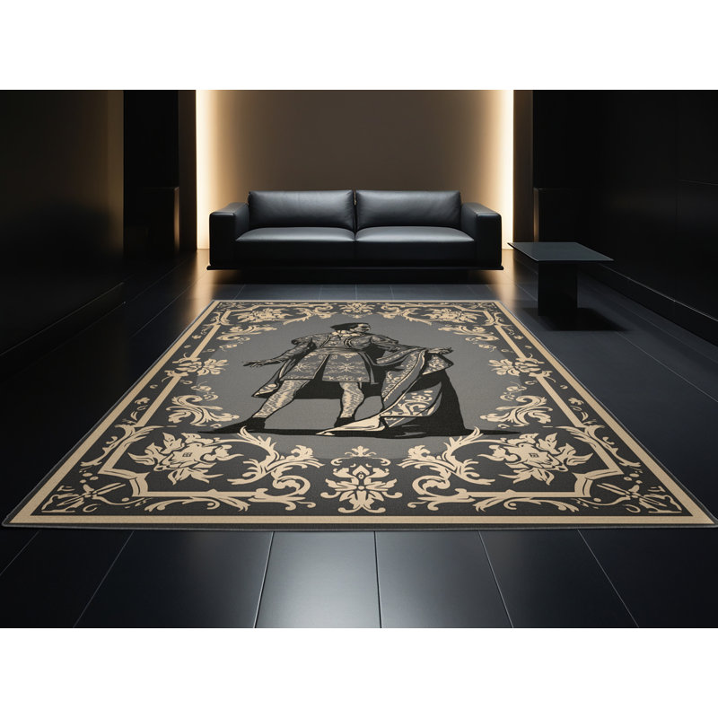 Soft Plush Glenmore Shakespearean Actor Traditional Vintage Look Area Rug in Black – Gray Binding, 8x10