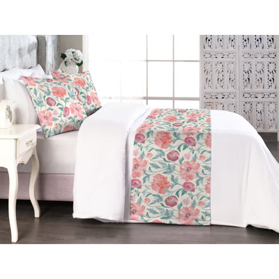 Ambesonne Floral Bed Runner Set Flowers Petals Spring Ivory Cadet Blue Blush
