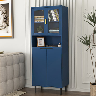 Tall Storage Show Cabinet with 2 Glass Display Door & 2 Doors, Tall Kitchen Pantry Cabinet by Latitude Run