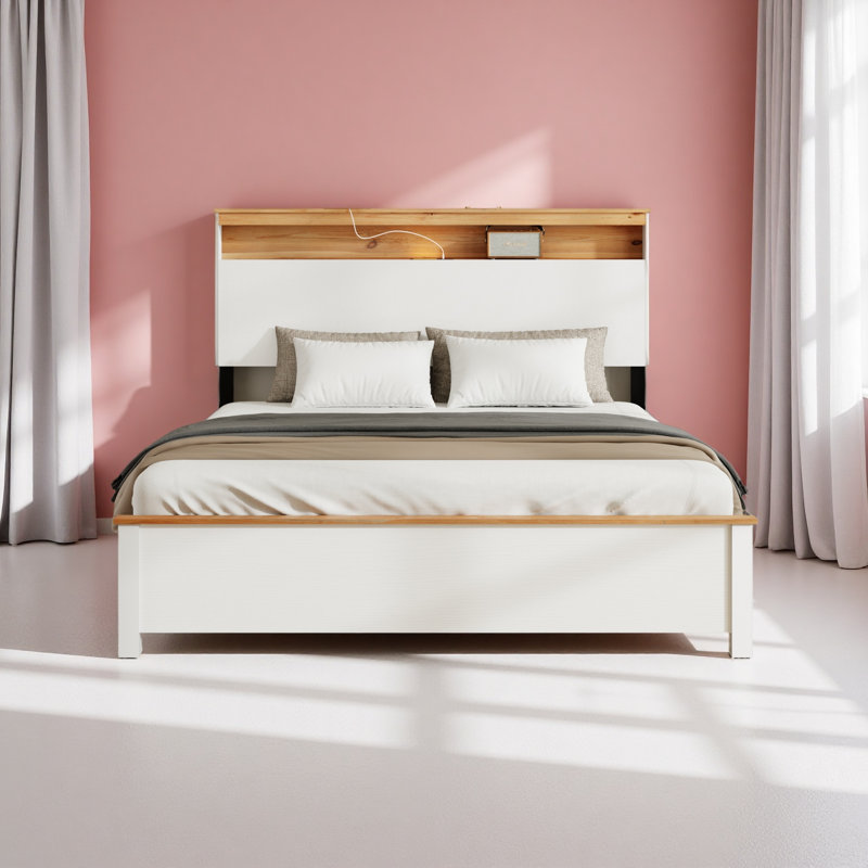 SUPPORT DE LIT EN BOIS AVEC STATION DE RANGEMENT POUR STATION DE CHARGEMENT, Lit double 