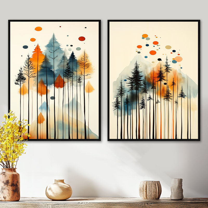 «Summer Valley Pine Forest Silhouettes I - Tree Pine», art encadré 2 pièces, H 32 po x l 48 po, Cadre flottant noir