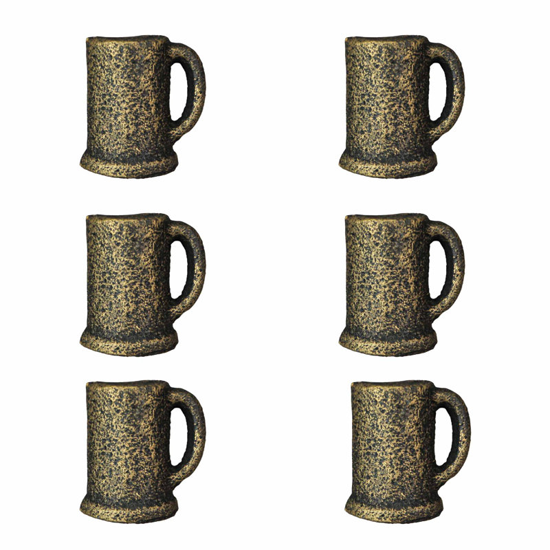 Antique gold painted cast iron beer mug cabinet knob drawer pulls, set of 6 — 1.5" W x 1.25" D x 1.75" H
