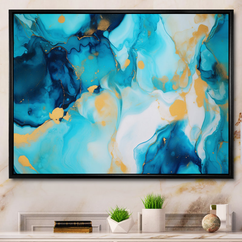 Turquoise luxueux, art fluide abstrait sur toile, H 12 po x l 20 po x P 1 po, Cadre flottant noir