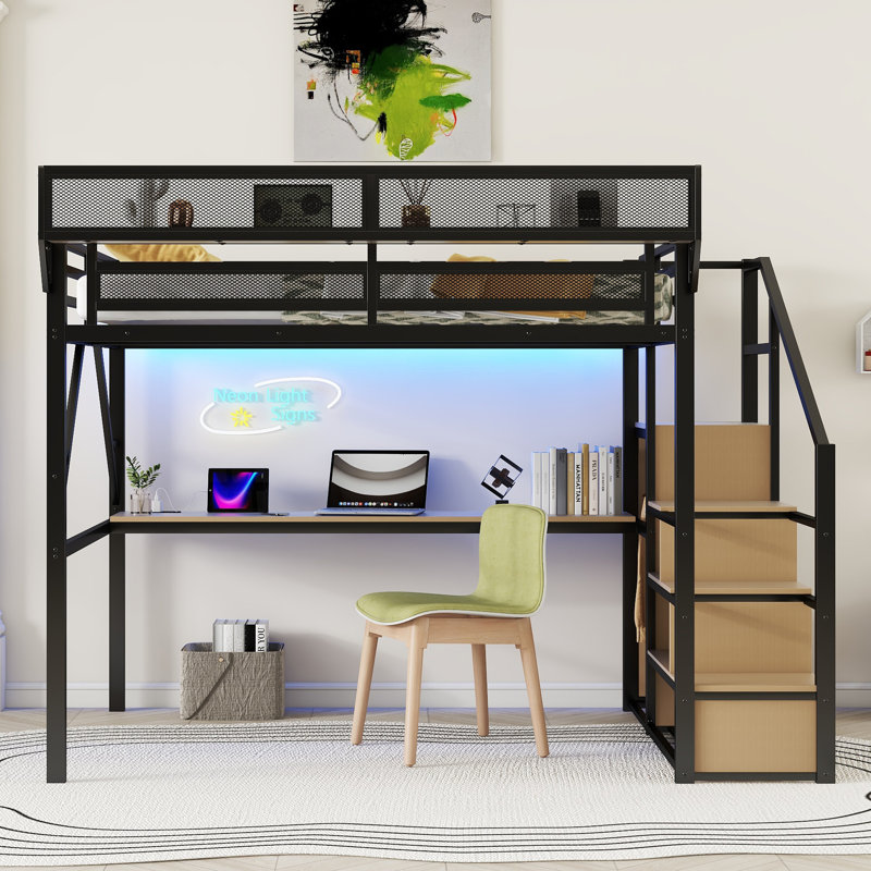 Lit mezzanine en métal avec bureau, lumière, station de charge USB et escalier, lit haut peu encombrant pour adolescents et enfants, noir