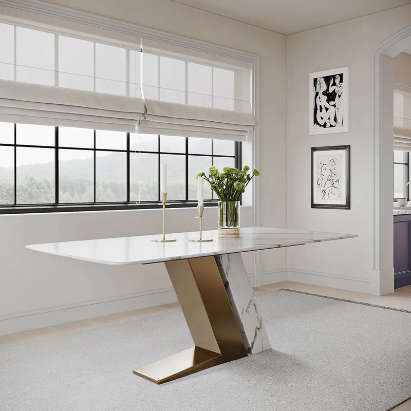 Modern White Rectangular Sintered Stone Dining Table with Z-shaped Pedestal Base, 29.53"H x 79"L x 39.37"W, Gold