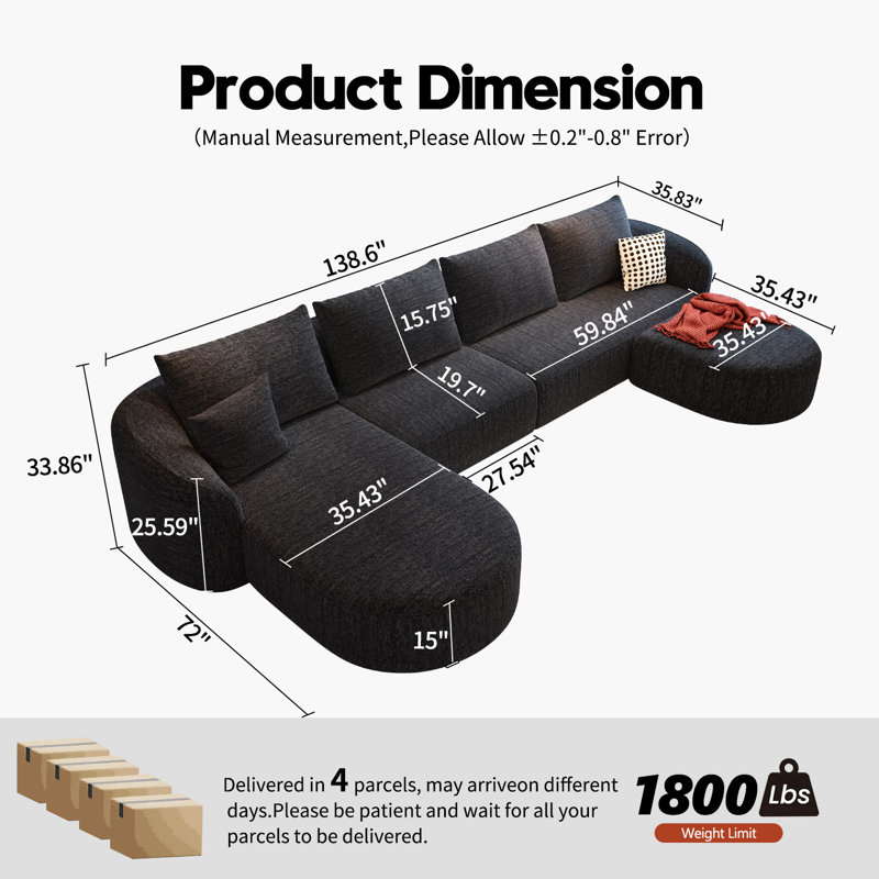 Ensemble de canapé modulaire Boneless, H 33,86 po x l 138,6 po x P 72 po, Orienté à gauche (vu de face), Noir