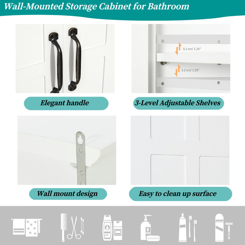 Armoire à pharmacie murale pour salle de bain, tablettes réglables à 3 niveaux