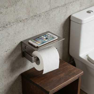 Stainless Steel Toilet Paper Holder With Phone Shelf, Wall Mounted Tissue Dispenser For Double Rolls, Brushed Nickel Bathroom Organizer