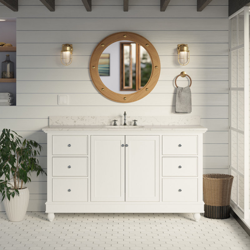 Ensemble de meuble-lavabo simple 60 po Ferdinand, Blanc, Marbre d'ingénierie