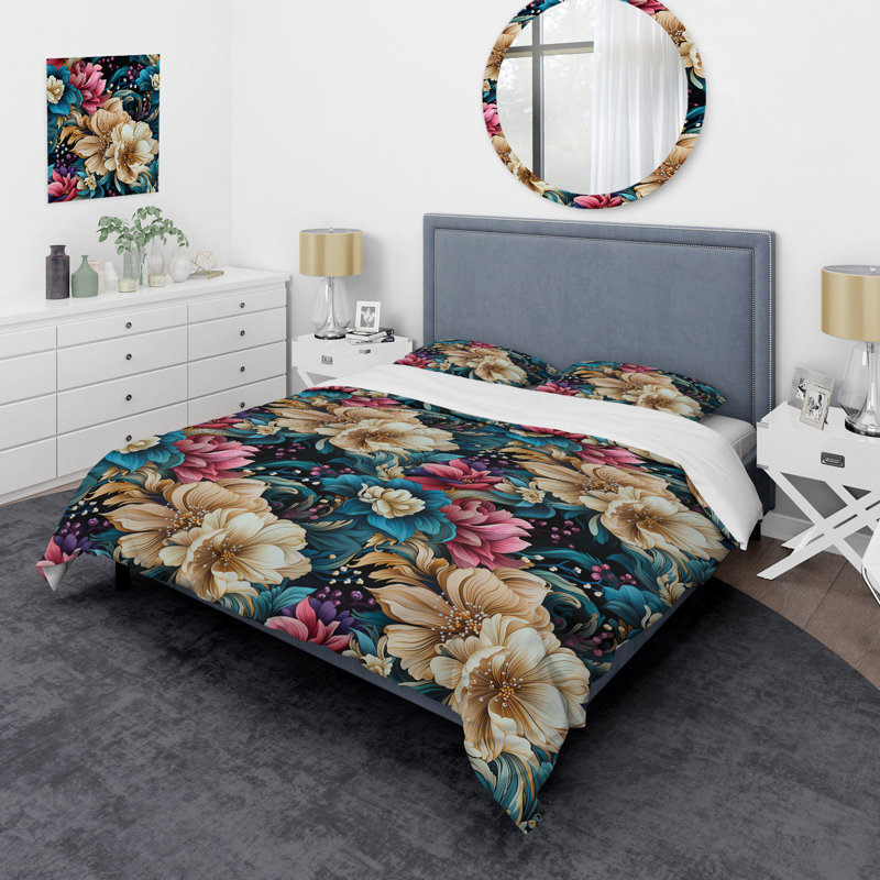 Motif floral rétro I - ensemble de housse de couette floral - microfibre de polyester