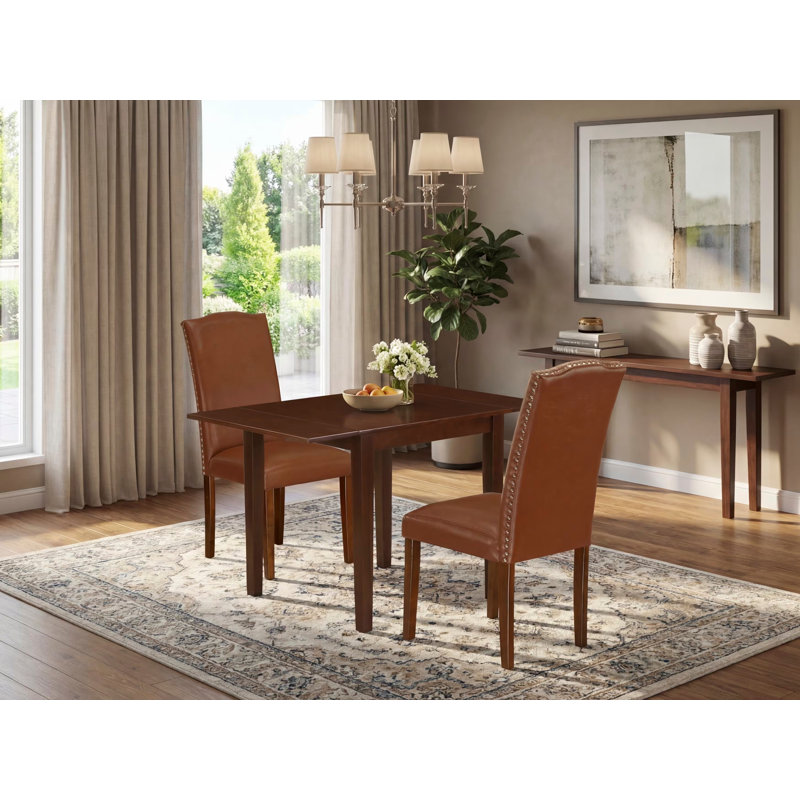 3 Piece Modern Dining Table Set Contains a Rectangle Wooden Table with Dropleaf and 2 Brown Faux Faux Leather Parson Chairs, 30x48 Inch, Mahogany