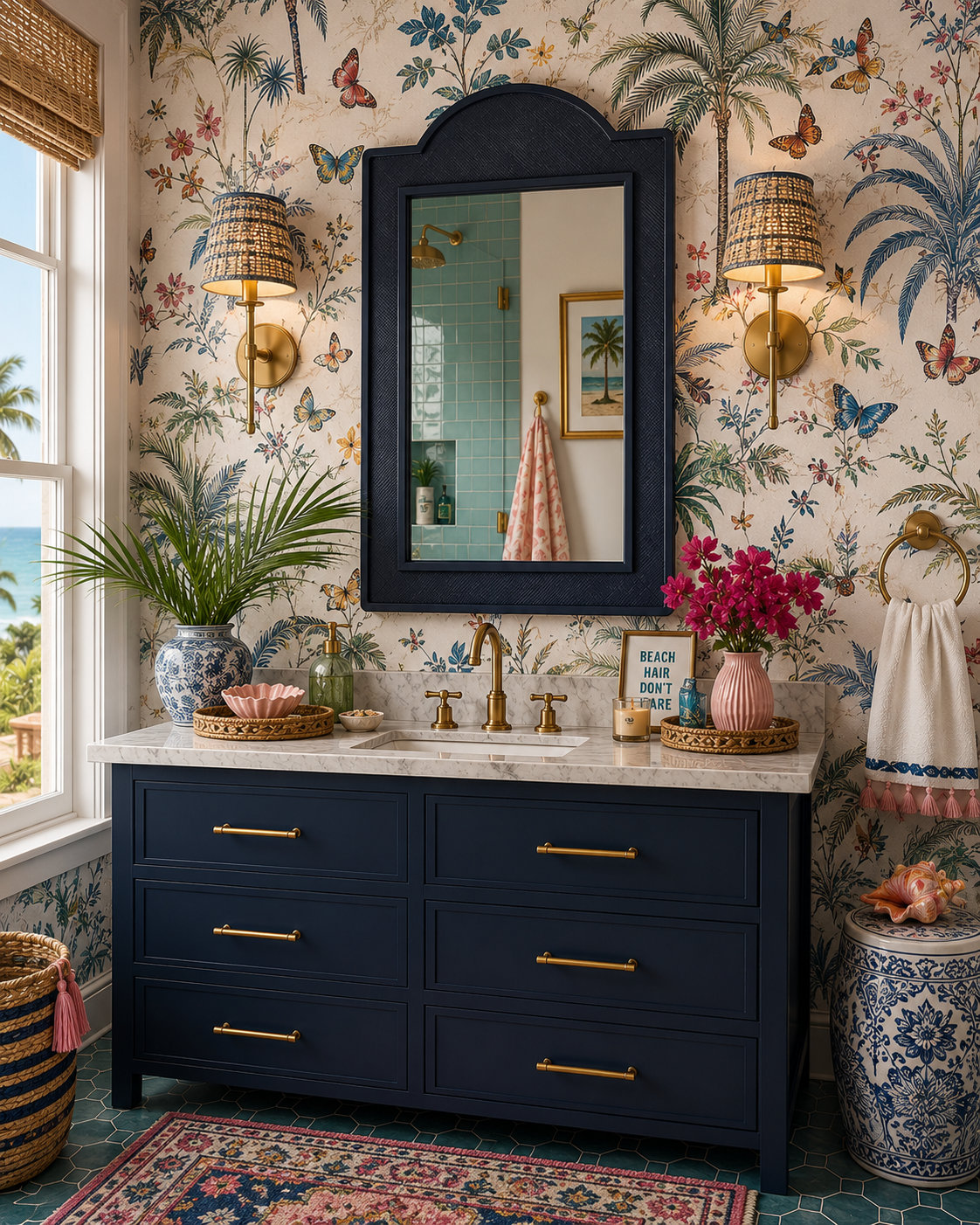 Raffea Tan Accent Mirror, Navy