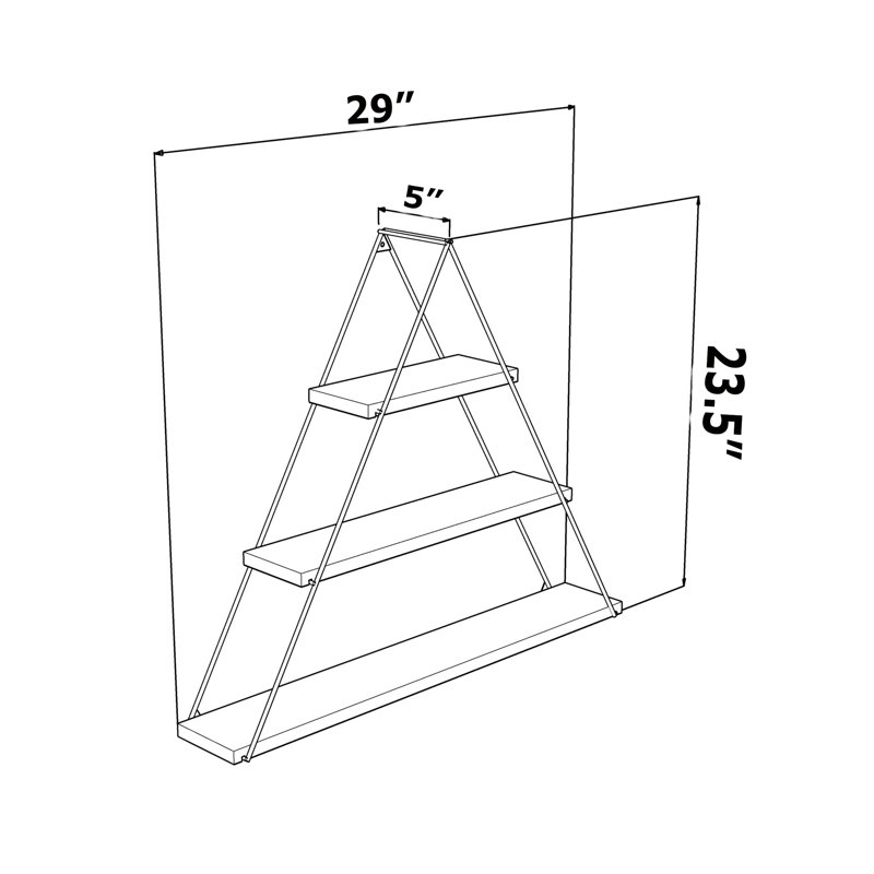 Oak Wall Mounted Shelf - Rustic Triangle, Decorative For Book Storage Triangle Design Books, With Metal Bracket, Oak/Gold