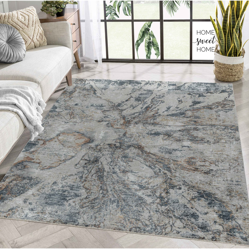Tapis à motif de pierre abstrait beige / bleu 8 pi x 10 pi (7 pi 9 po x 10 pi) Caldera, tapis contemporain, à poils moyens, résistant aux taches - salon, chambre à coucher, salle à manger et cuisine