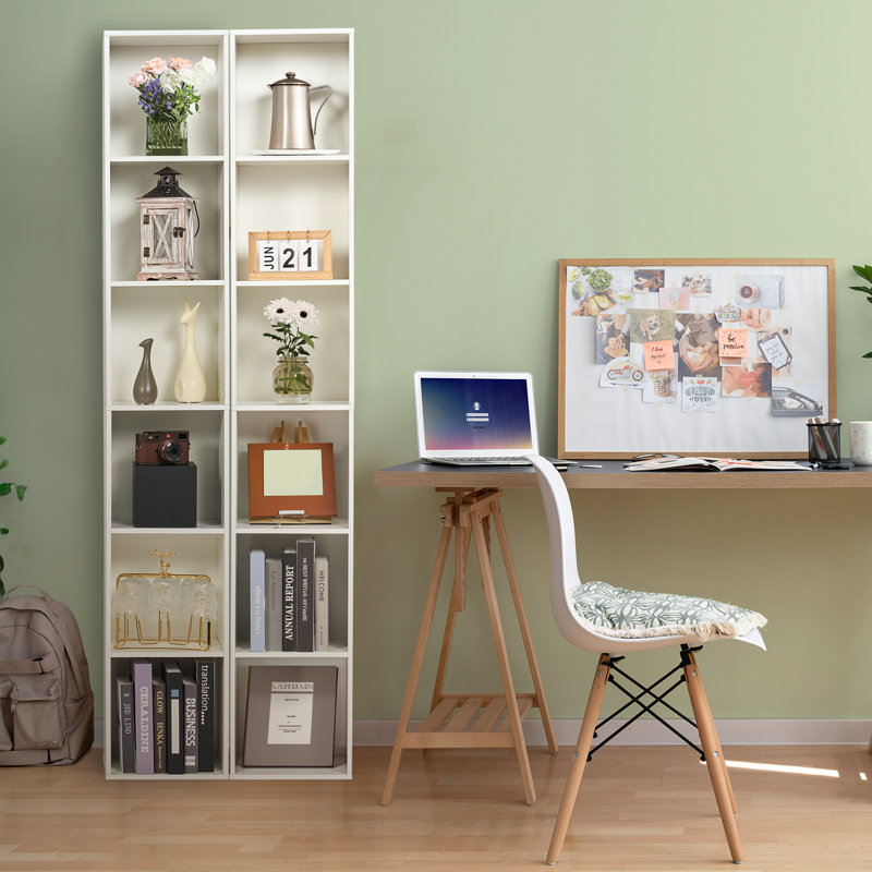 Bibliothèque d'angle étroite 6 niveaux, bibliothèque cubique avec rangement pour petits espaces, maison, bureau, Blanc