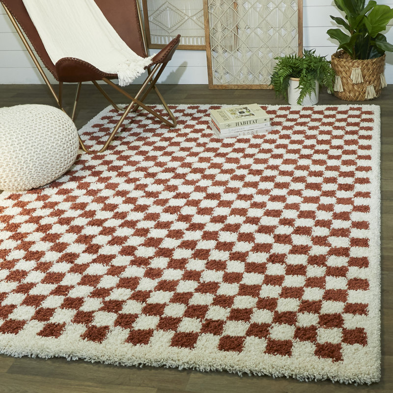 Noor Chequered Burnt Orange/Cream Rug, Rectangle 160 x 230cm